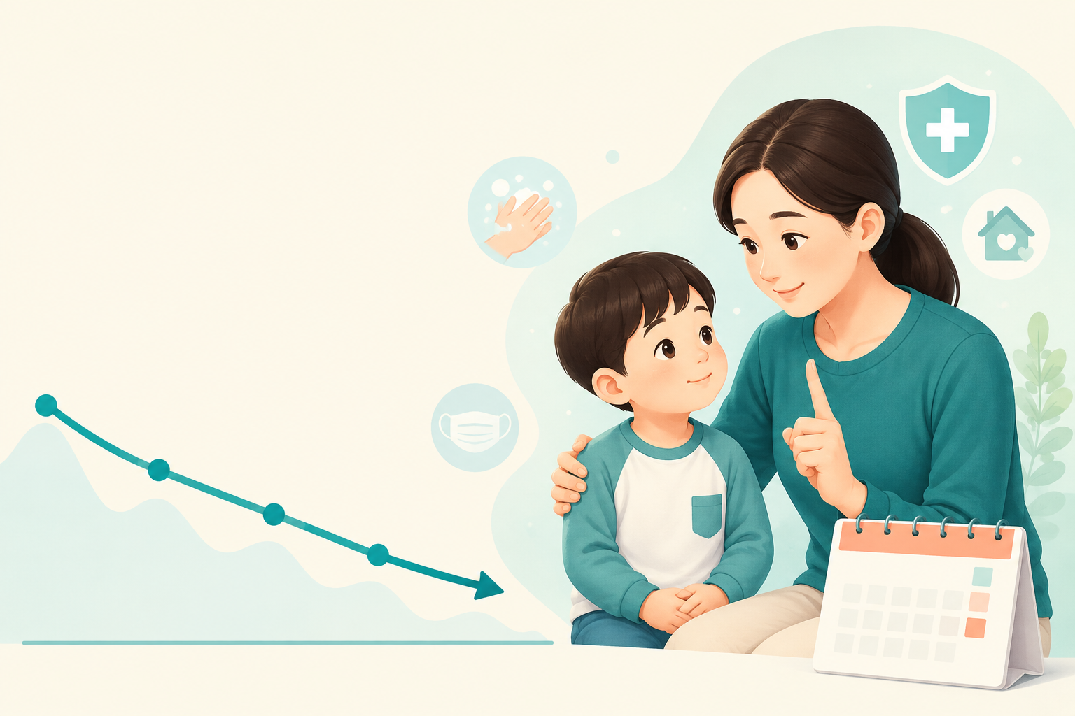 2026년 35주차 수족구병 환자 감소 추세를 살펴보는 보호자와 아이 일러스트
