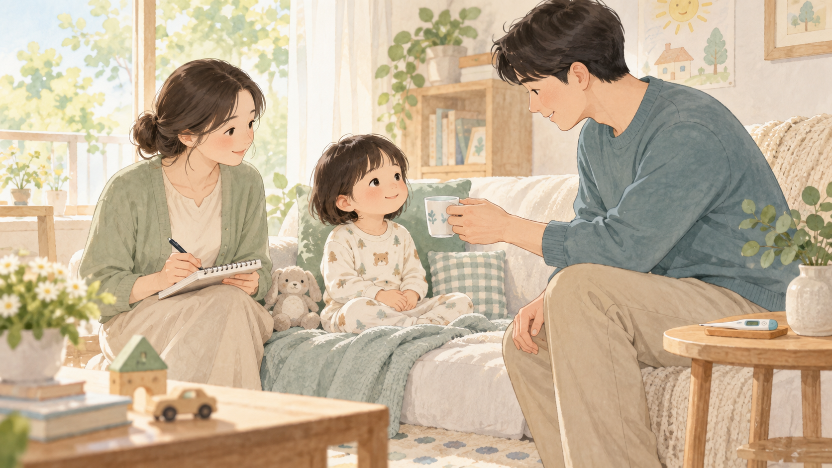 수족구 회복 중 아이에게 물을 건네고 상태를 기록하는 부모 일러스트
