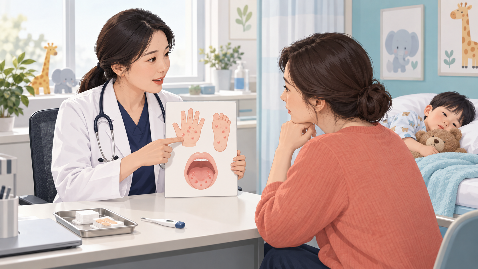 수족구 물집의 진료 신호를 소아 진료실에서 상담하는 보호자와 의료진