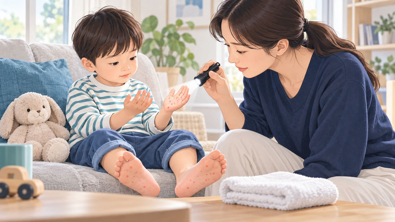 보호자가 아이의 손바닥과 발바닥 수족구 물집을 만지지 않고 살펴보는 모습