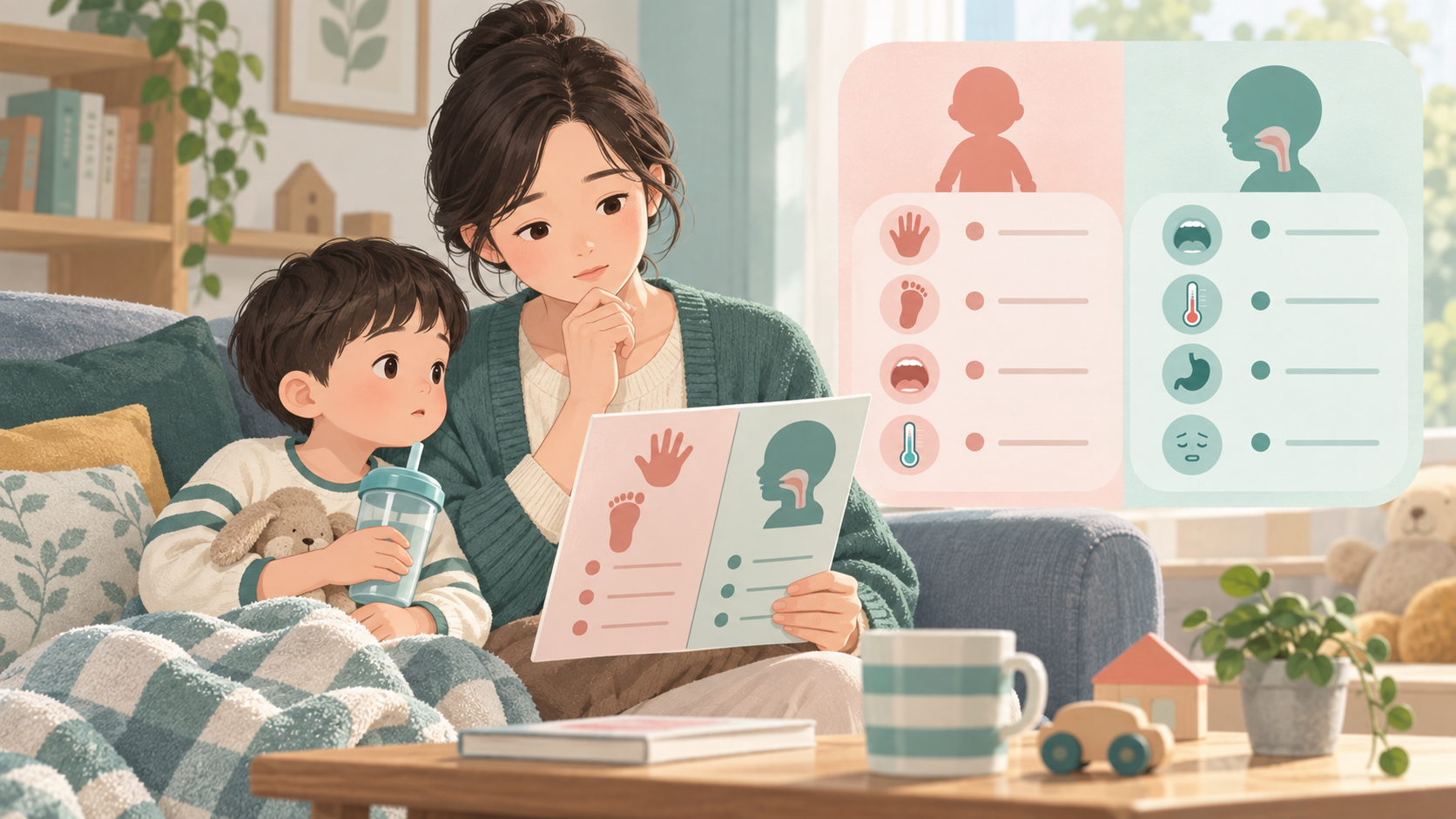 수족구와 헤르팡기나 증상을 비교하며 보호자가 아이 상태를 살피는 모습