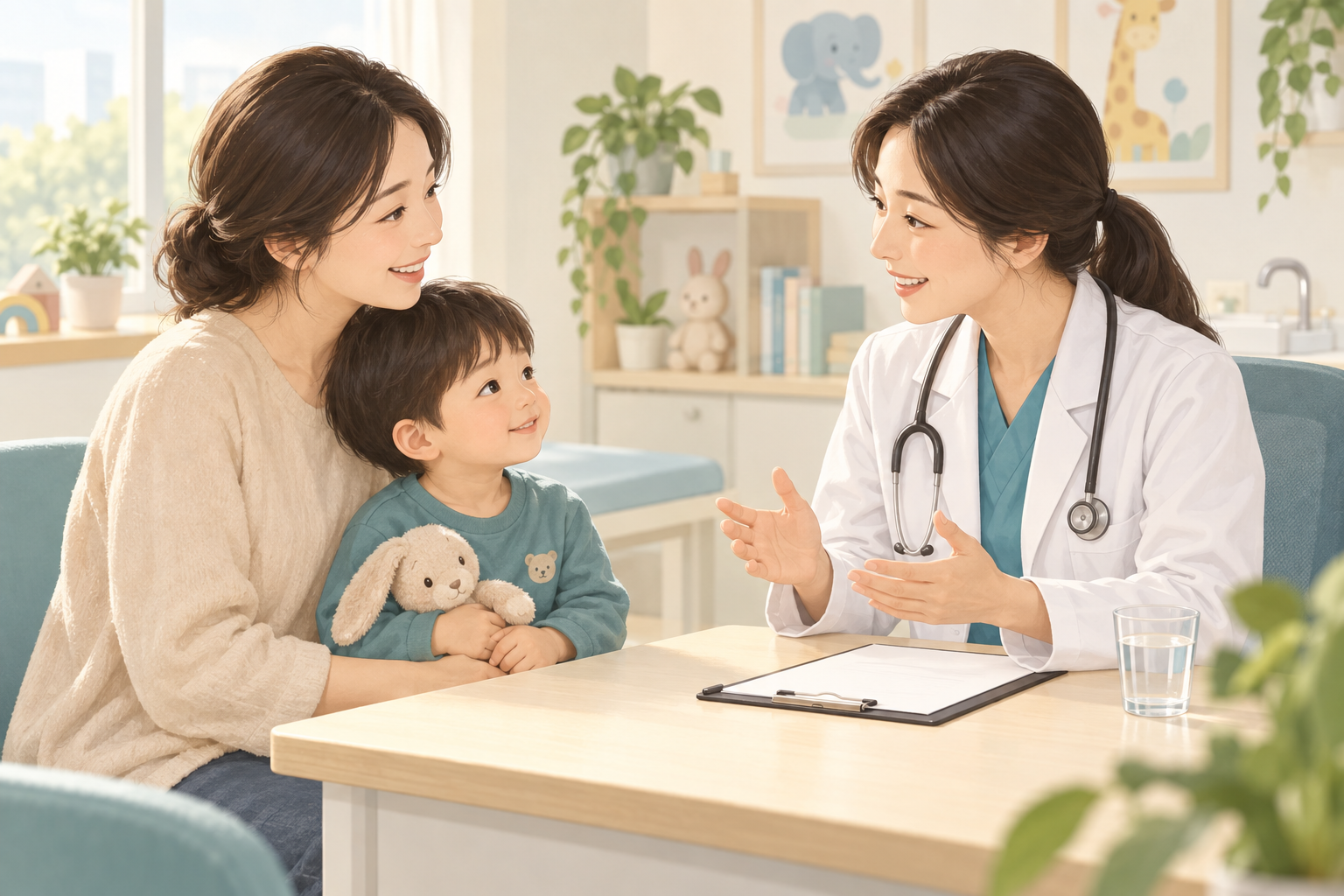수족구 아이의 수액 필요성을 의료진과 상담하는 보호자 일러스트