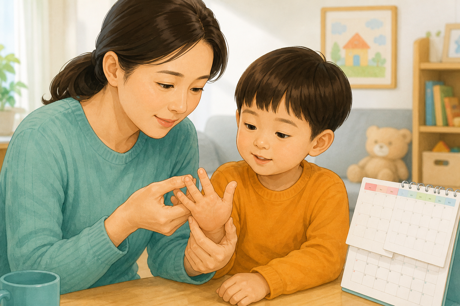 수족구 회복 몇 주 뒤 아이의 손톱 변화를 달력과 함께 살펴보는 보호자 일러스트