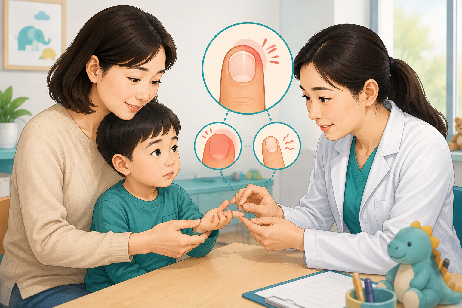 손톱 주변의 붉어짐과 통증 신호를 소아 진료실에서 상담하는 보호자와 아이 일러스트