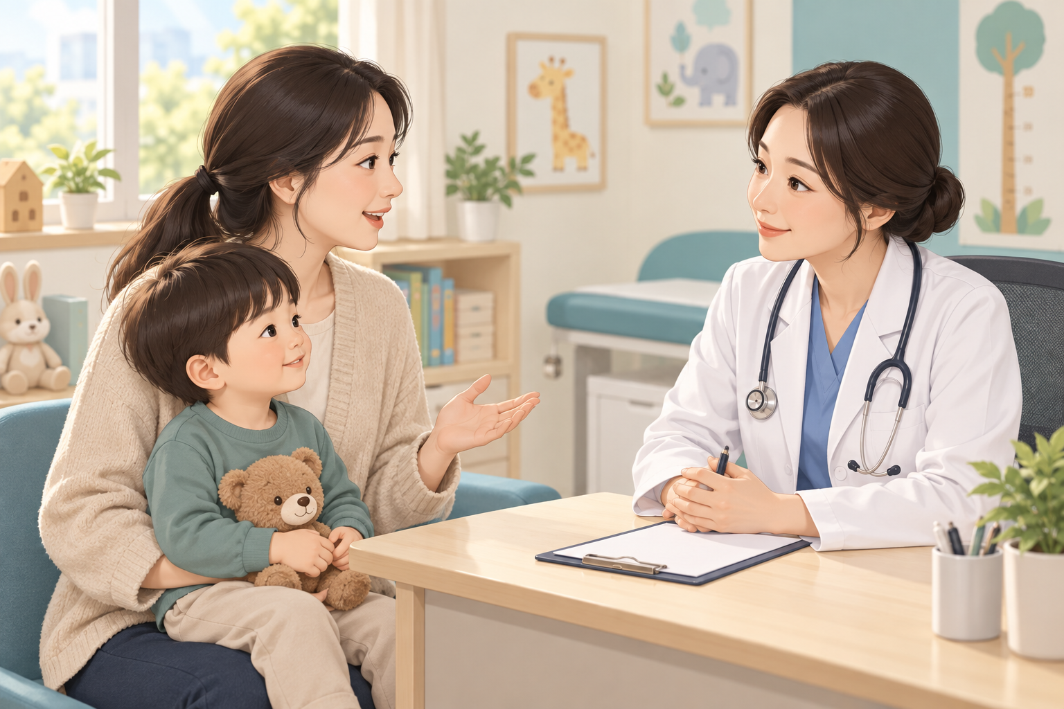 어린이집 복귀 전 아이의 회복 상태를 소아청소년과 의사와 상담하는 보호자 일러스트