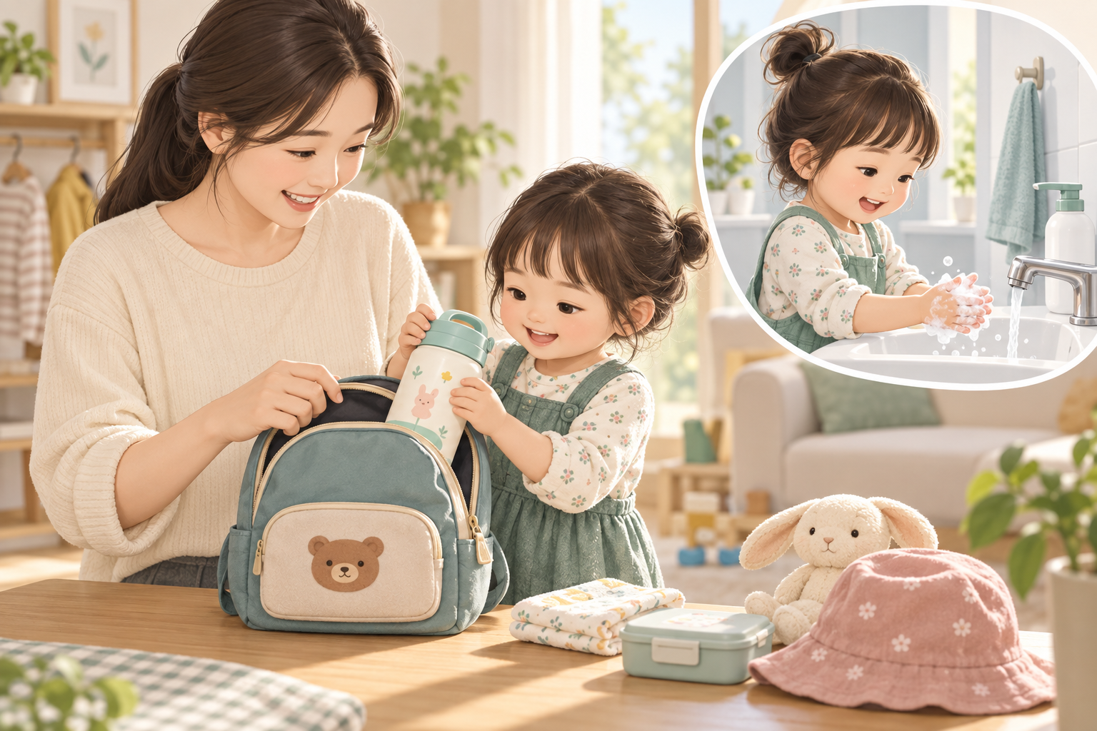 등원 준비로 개인 물병을 챙기고 비누로 손을 씻는 아이와 보호자 일러스트