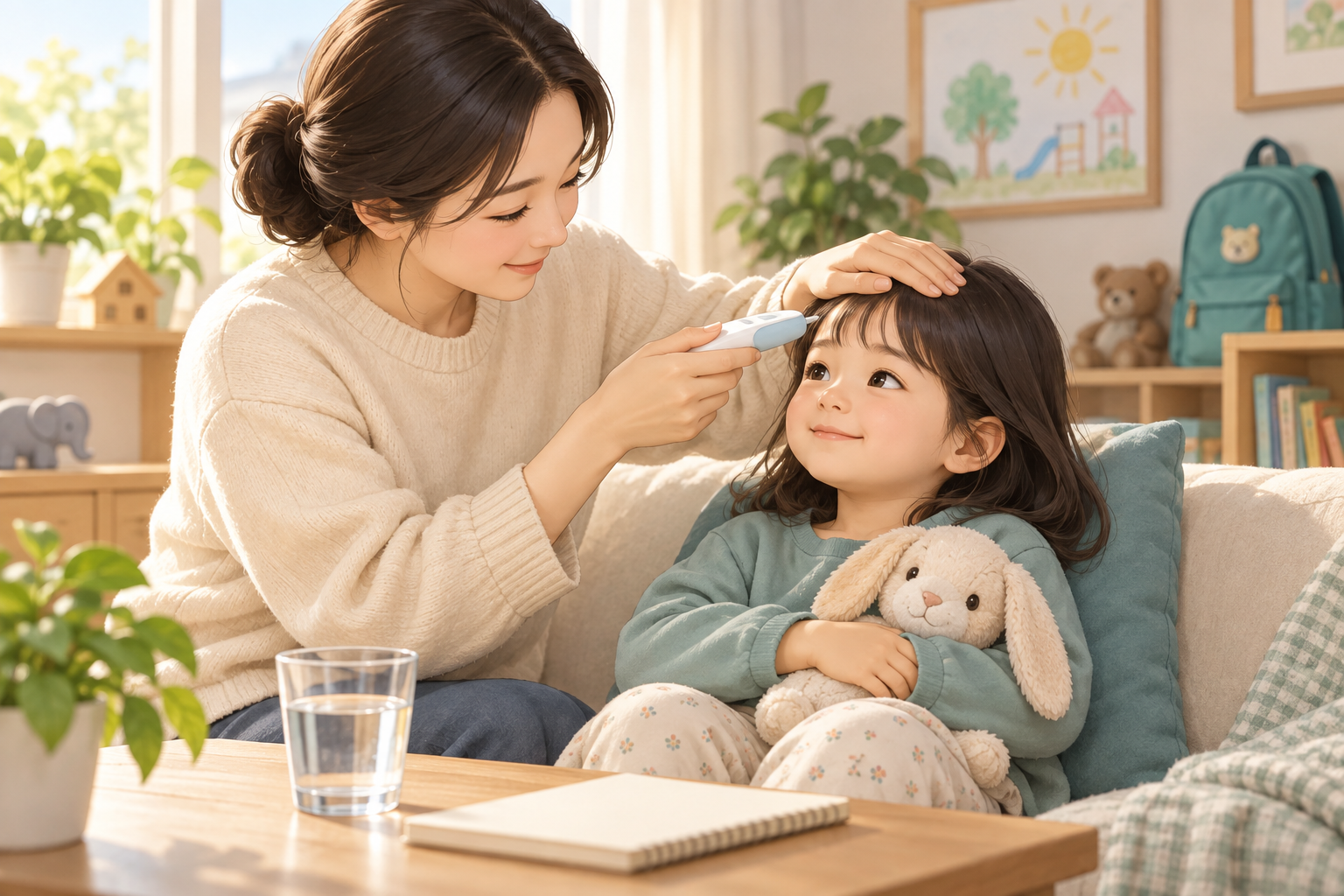 수족구 등원 기준을 확인하기 위해 집에서 아이의 체온을 재는 보호자 일러스트