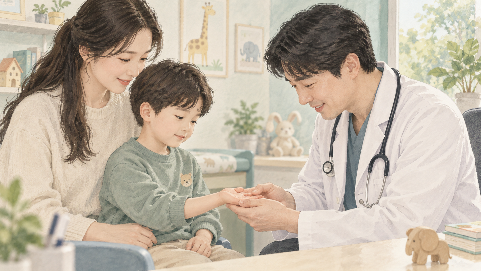 수족구 검사 상담 중 의료진이 아이 손을 살펴보는 일러스트