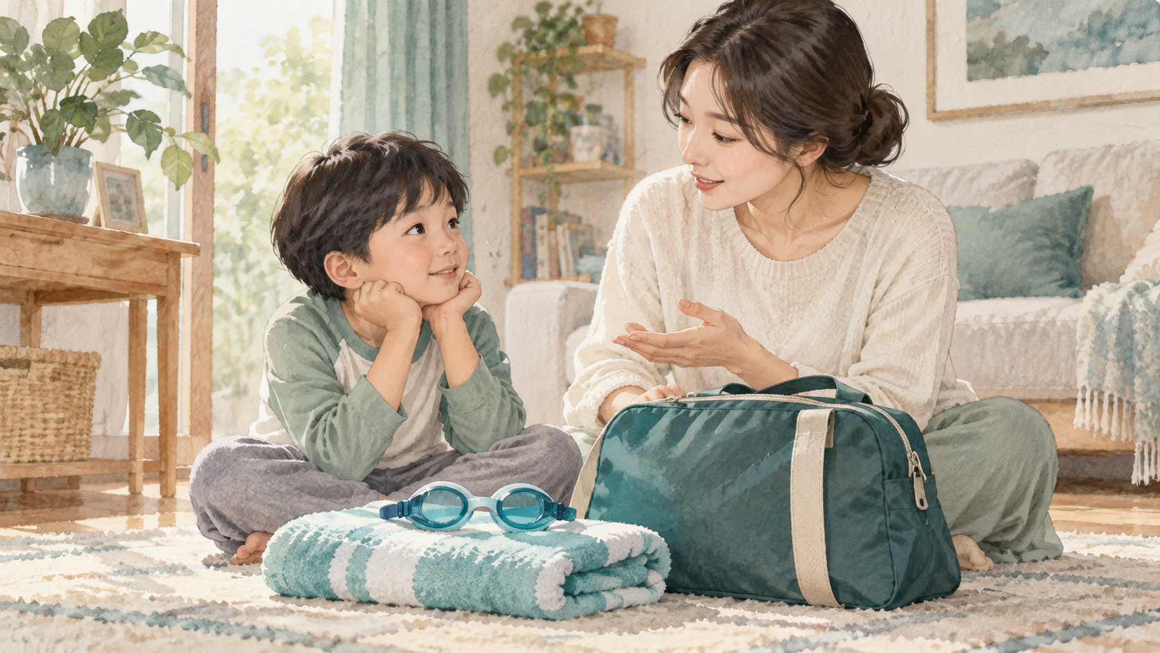 수족구 후 물놀이를 앞두고 수영 가방을 살펴보는 가족 일러스트