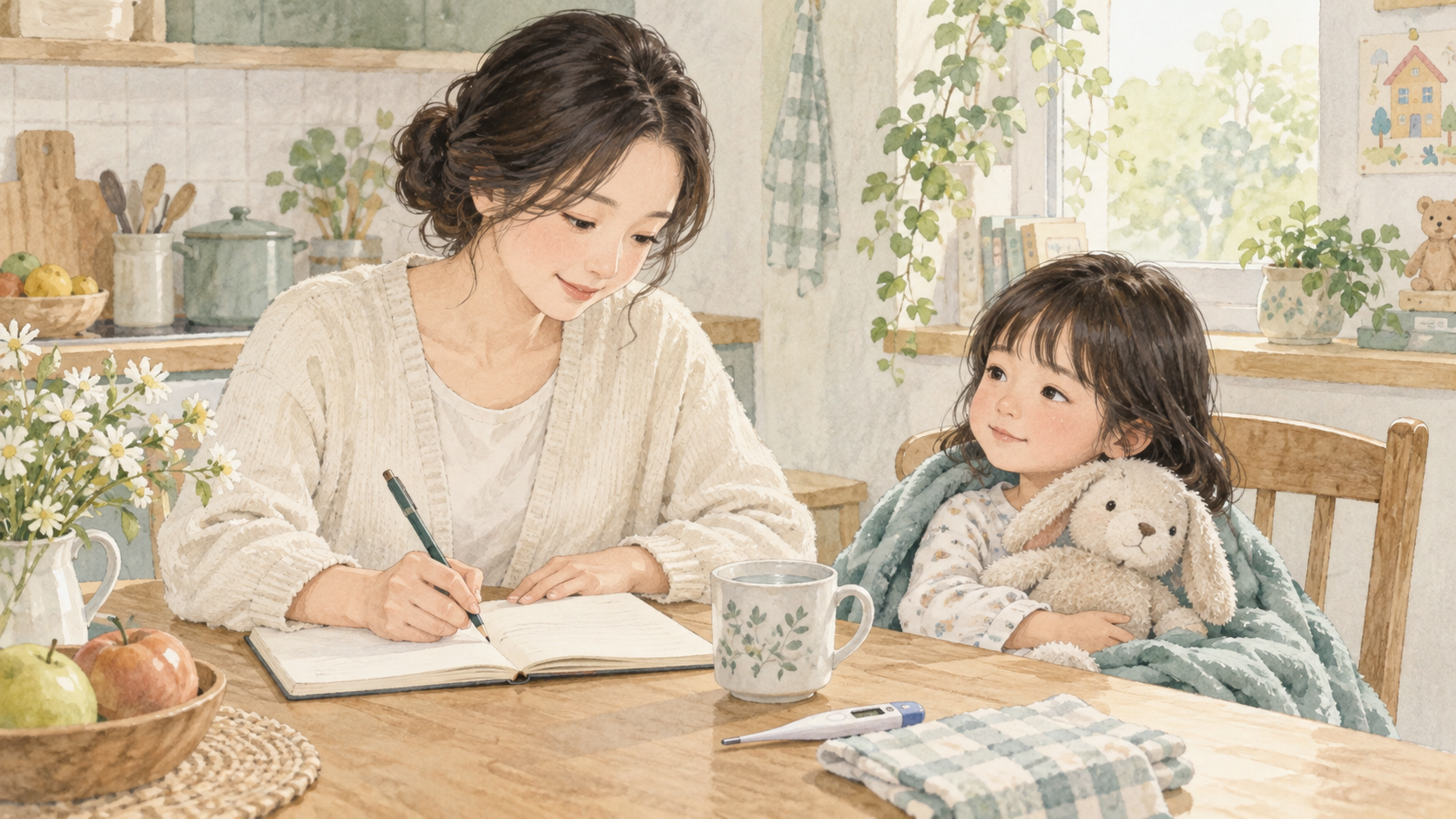 보호자가 아이의 증상과 수분 섭취를 기록하는 일러스트