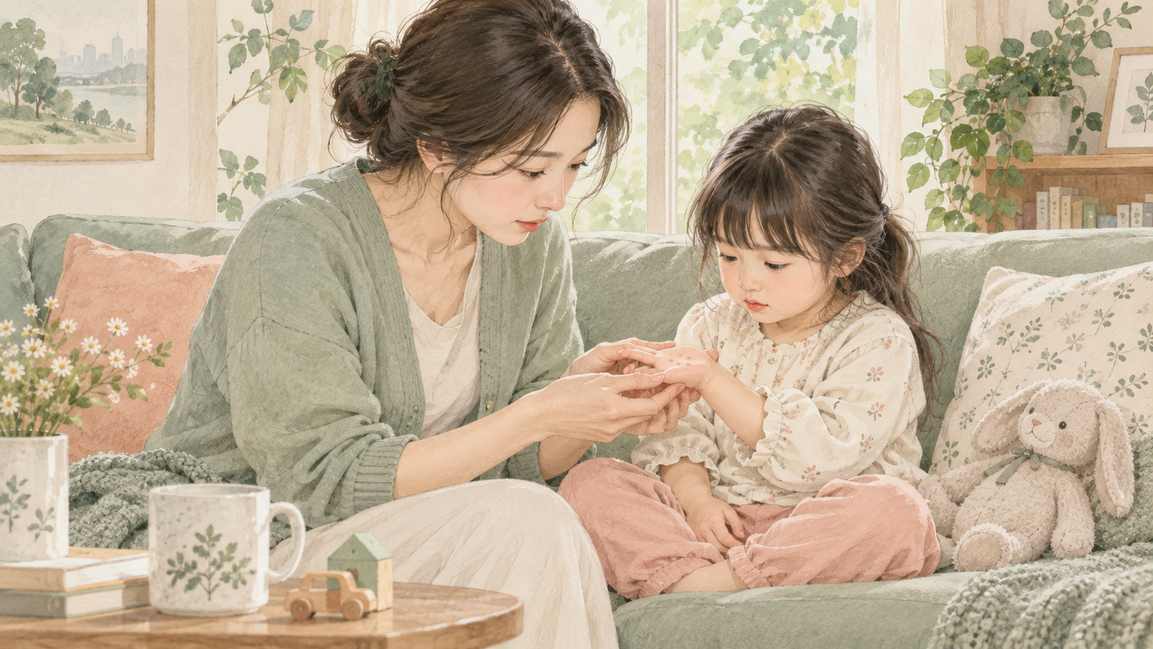 보호자가 아이 손의 발진을 살펴보는 일러스트