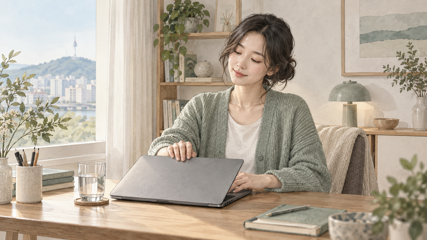 성인 수족구 회복 중 노트북을 닫고 쉬는 직장인 일러스트