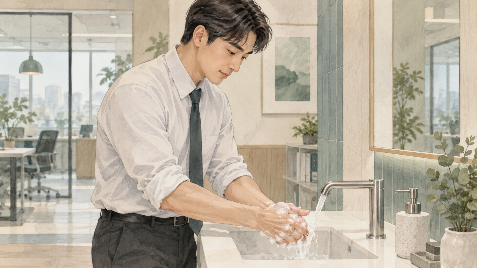 직장 세면대에서 비누로 손을 씻는 성인 일러스트