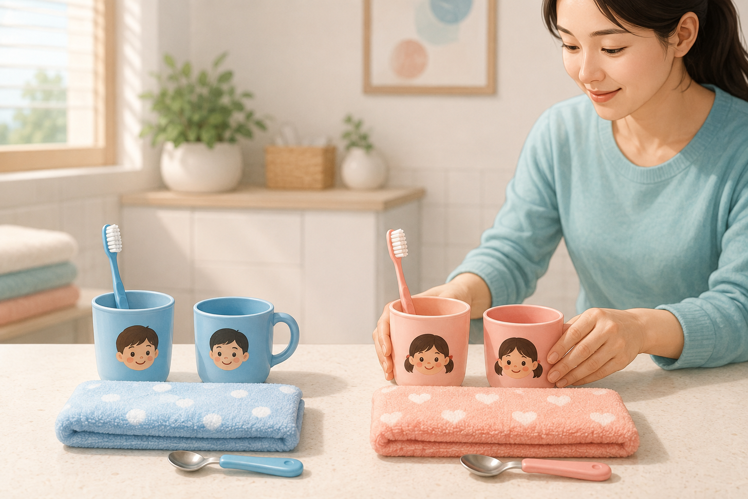 형제자매의 컵 수저 수건 칫솔을 색상별로 분리해 놓는 한국인 보호자 일러스트