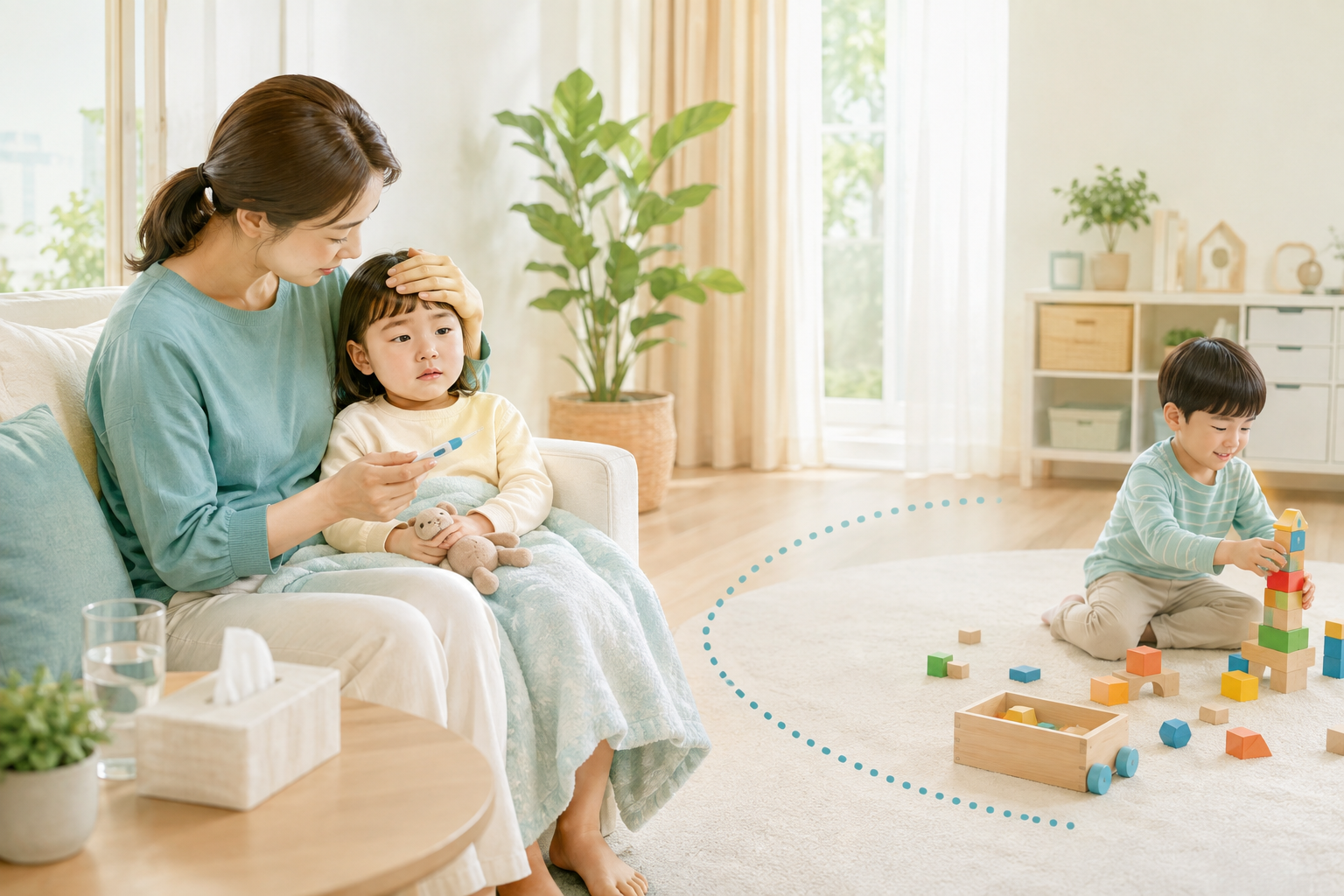 수족구에 걸린 아이를 돌보며 건강한 형제자매와 잠시 거리를 두는 한국인 보호자 일러스트