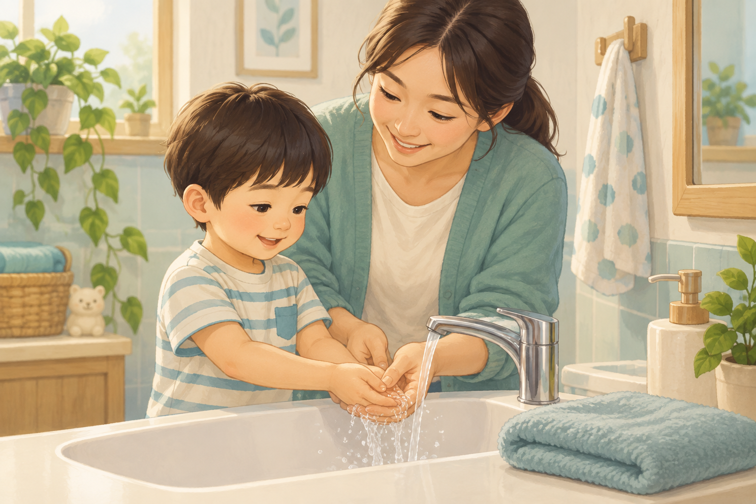 수족구 피부 관리를 위해 세면대에서 아이의 손을 부드럽게 씻기는 보호자 일러스트