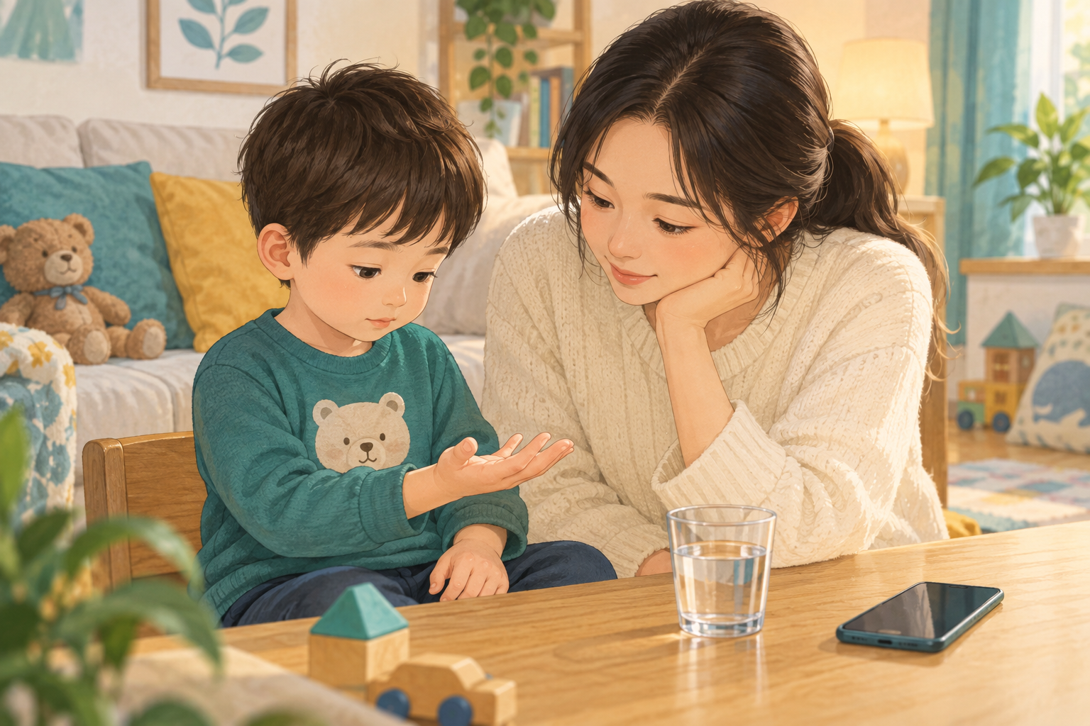 아이의 손바닥을 살펴보는 보호자 일러스트