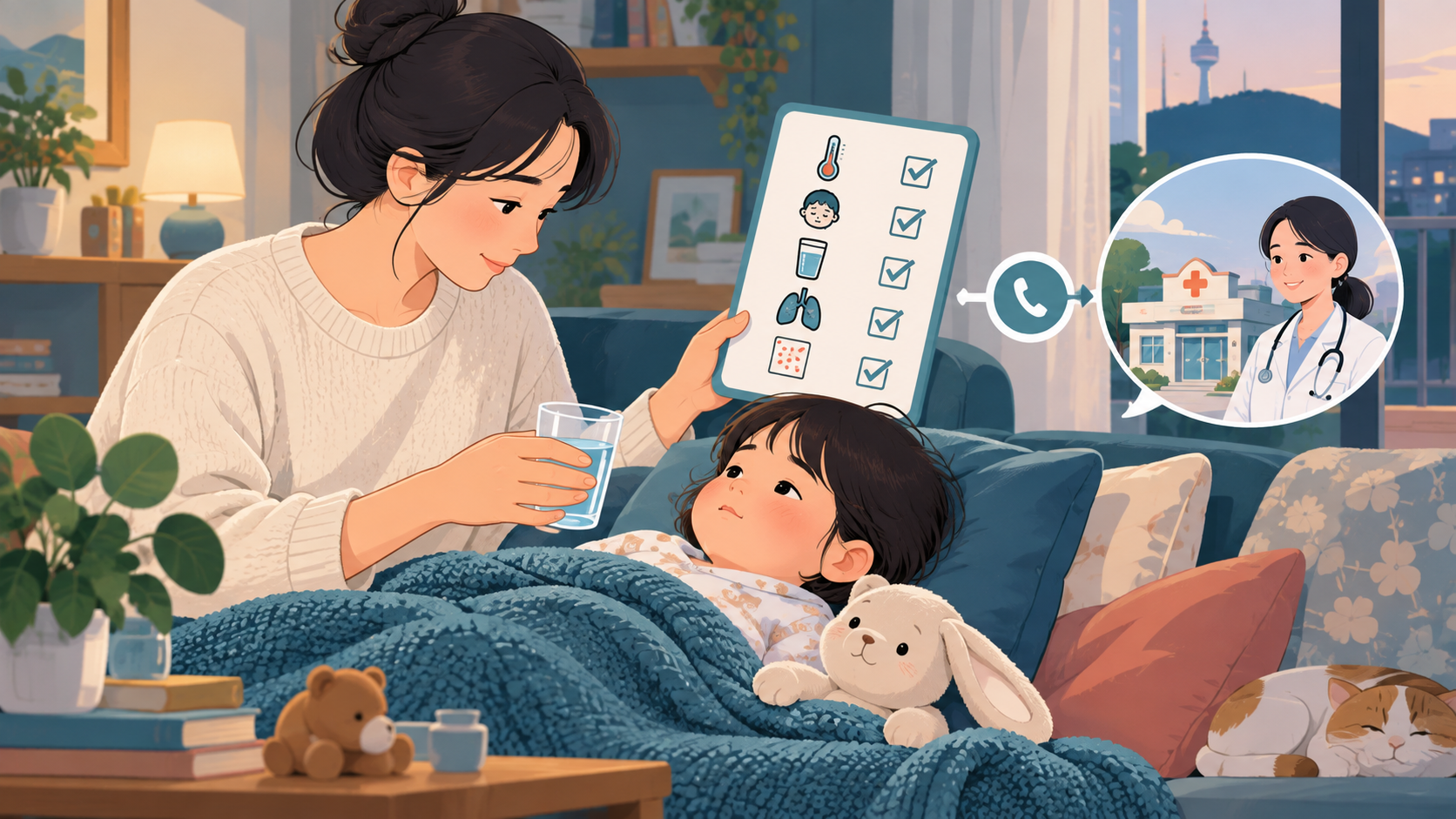 보호자가 아픈 아이에게 물을 주고 상태를 기록하며 의료기관 상담을 준비하는 일러스트