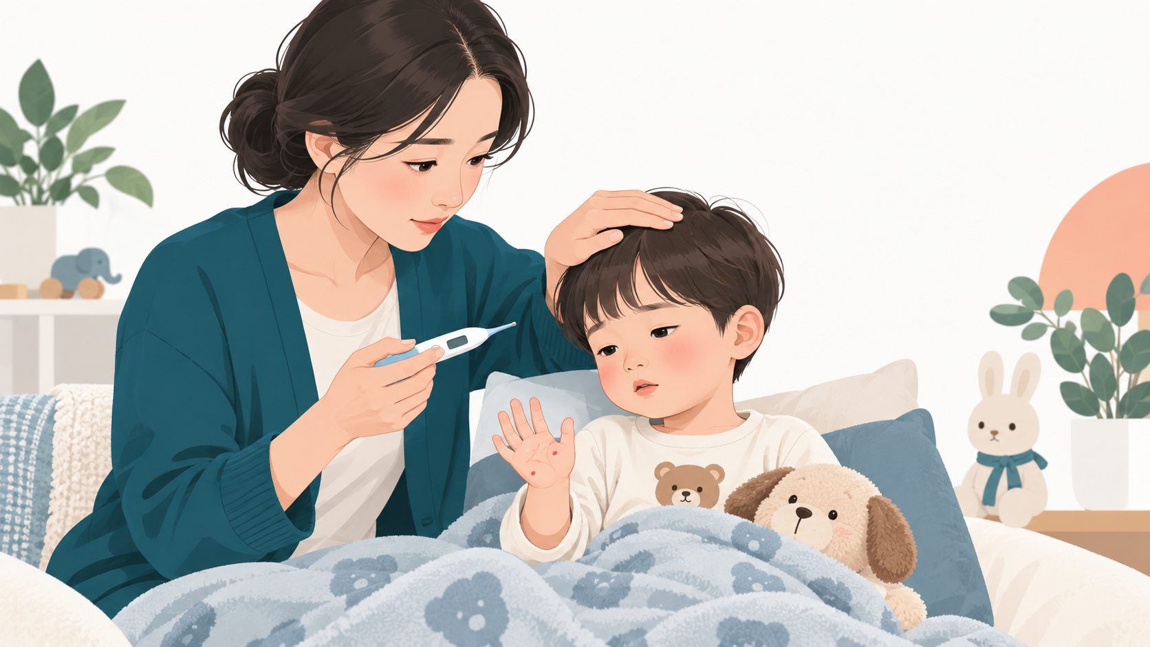 보호자가 열이 나는 아이의 체온과 손바닥 발진을 함께 확인하는 일러스트