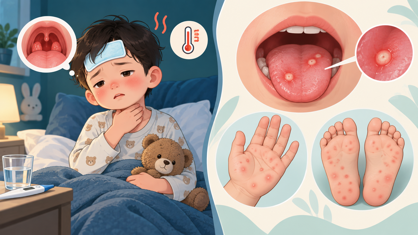 수족구의 입안 궤양과 손발 발진, 독감의 발열과 목 통증을 비교한 교육용 일러스트