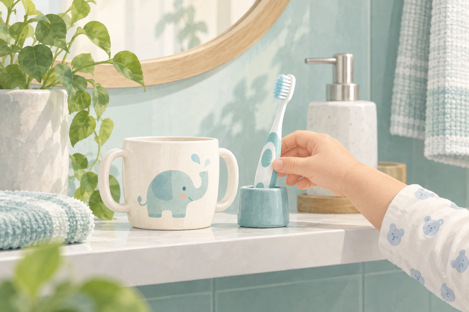 아이 전용 작은 칫솔과 양치컵을 따로 보관하는 일러스트