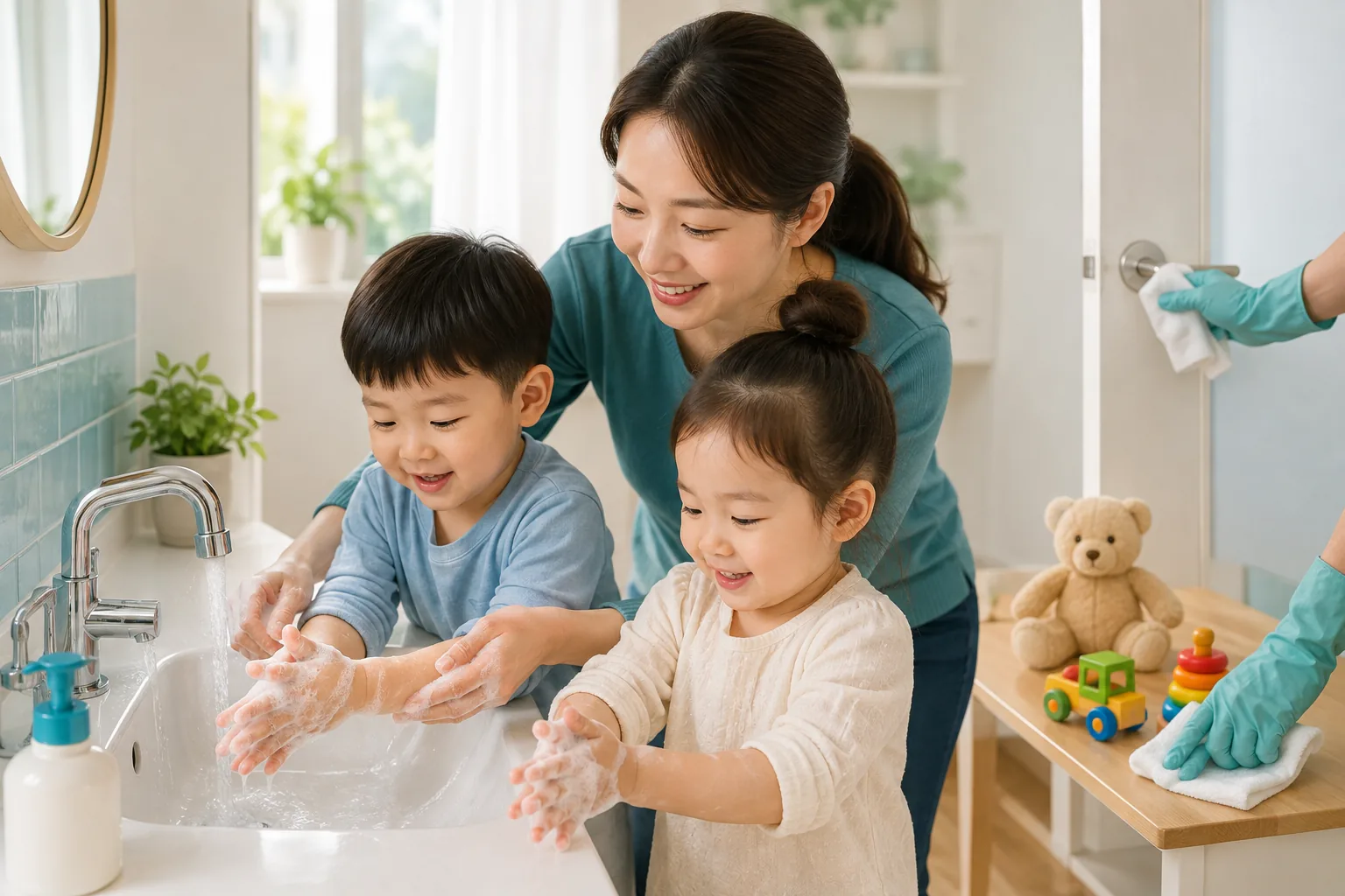 수족구 전염 예방을 위해 비누로 손을 씻고 생활공간을 닦는 가족 일러스트