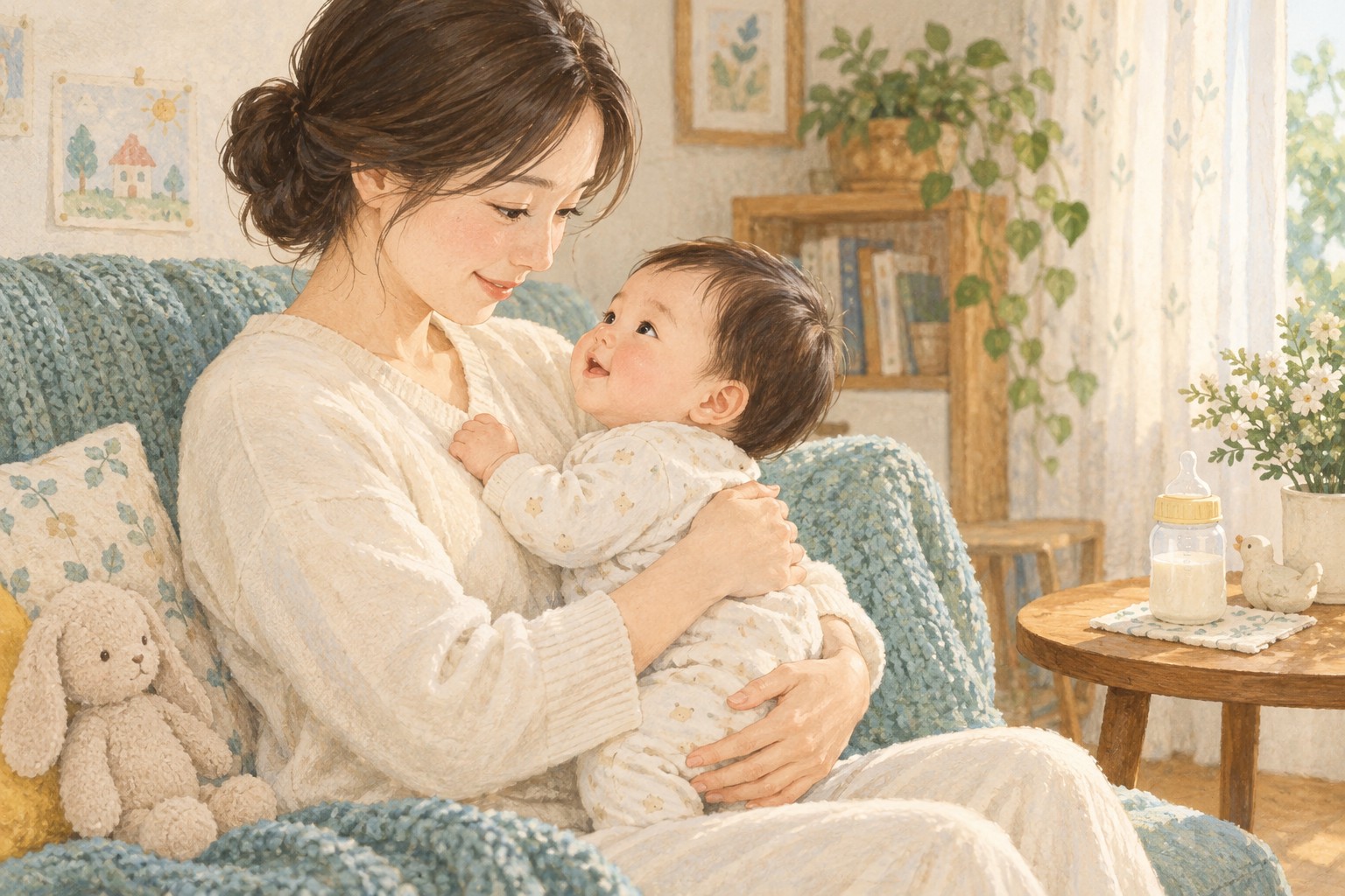 수족구로 수유를 힘들어하는 아기를 편안하게 안은 보호자