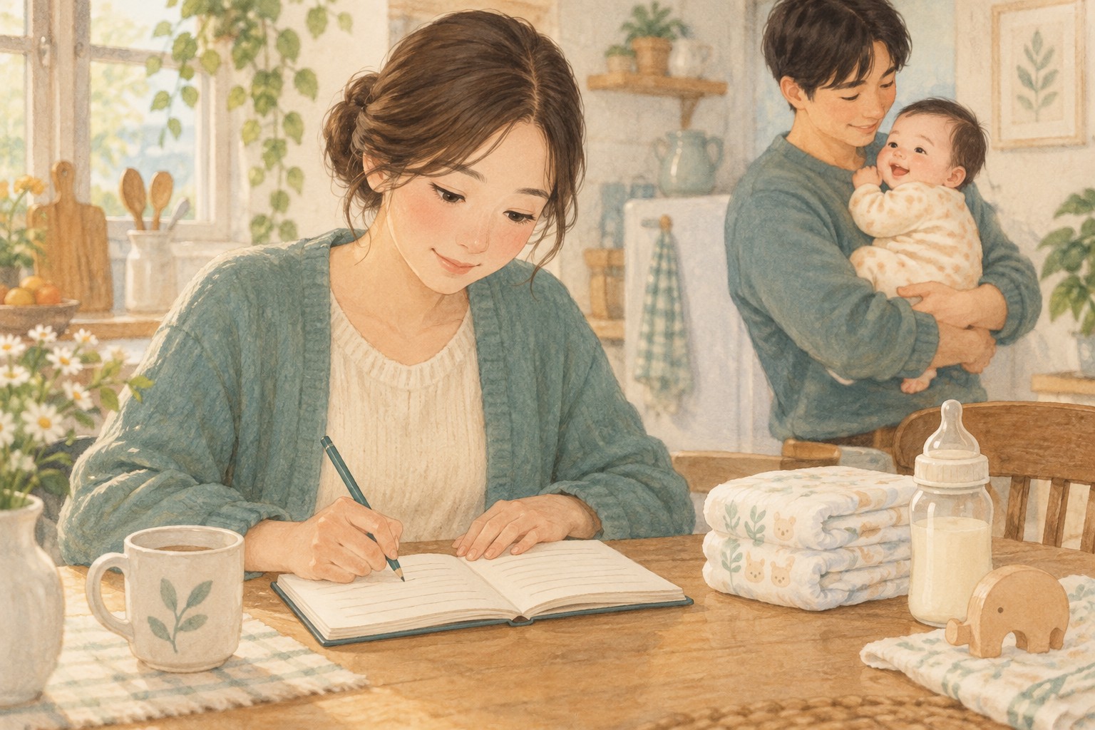 아기의 수유량과 젖은 기저귀 변화를 기록하는 보호자