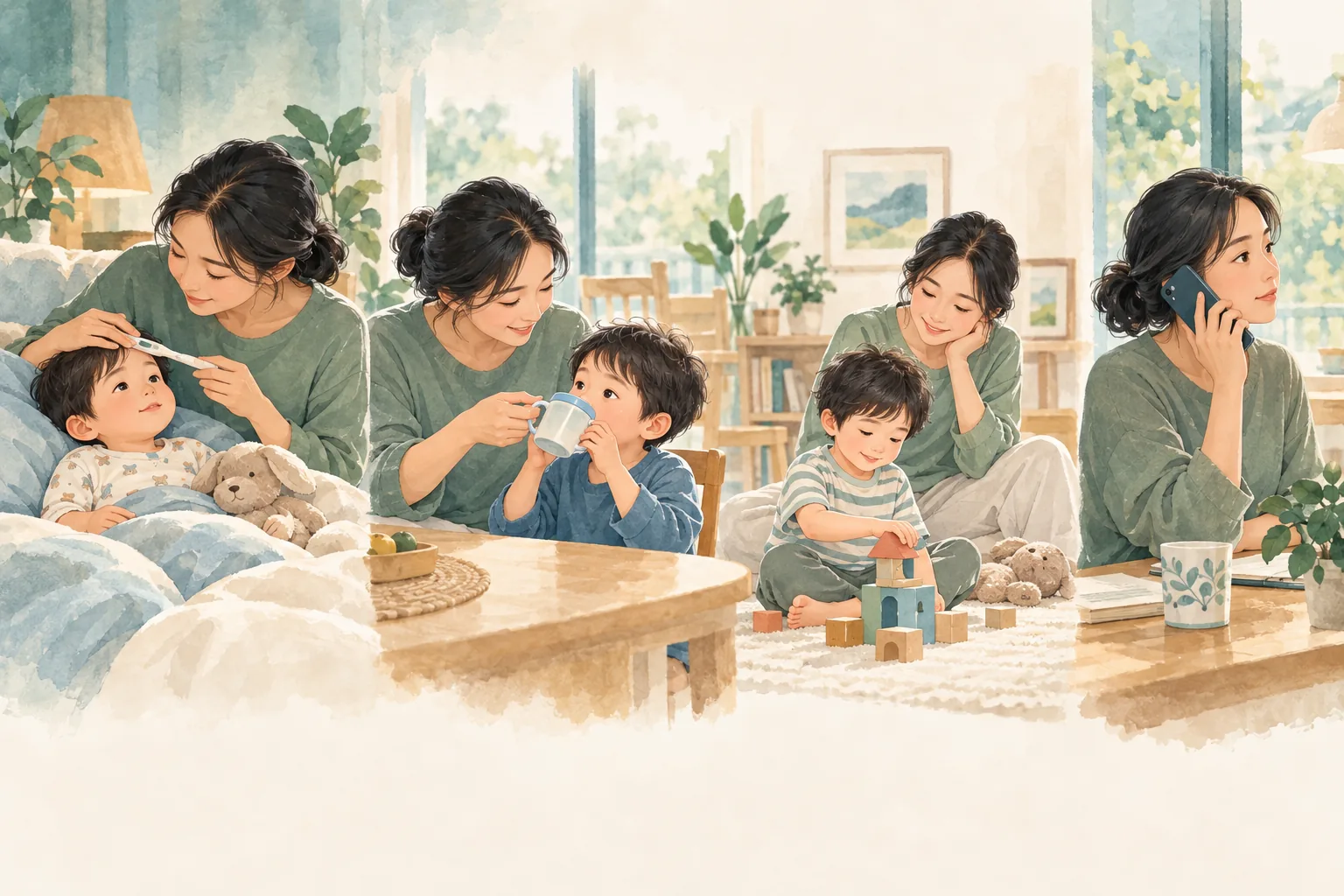 수족구 증상 관찰부터 수분 섭취와 진료 상담까지 확인하는 보호자 일러스트