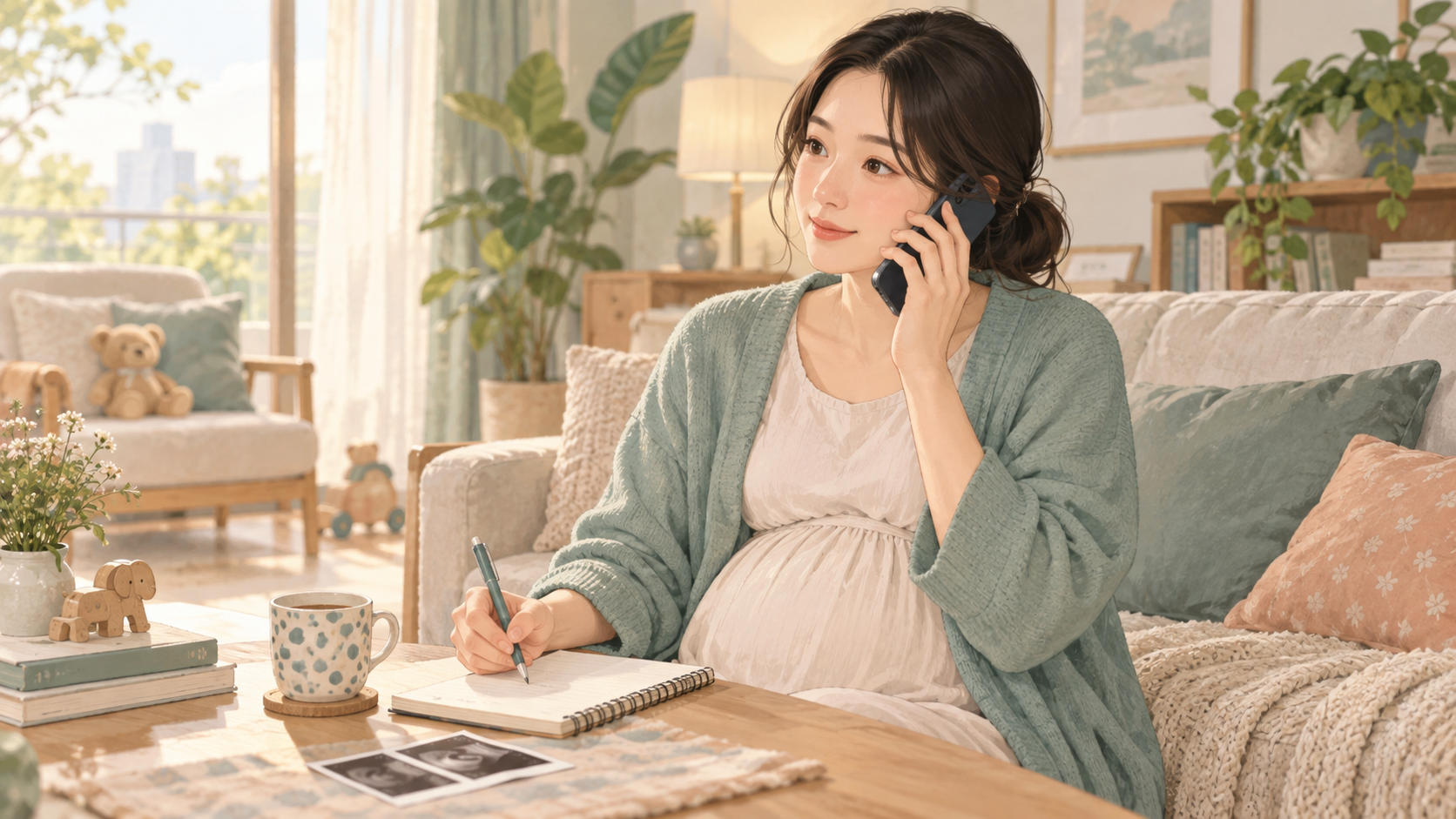 임산부가 수족구 접촉 후 산부인과에 전화로 상담하는 일러스트
