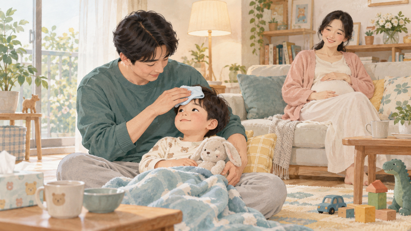 임신 중인 보호자를 배려해 다른 가족이 아이 돌봄을 분담하는 일러스트