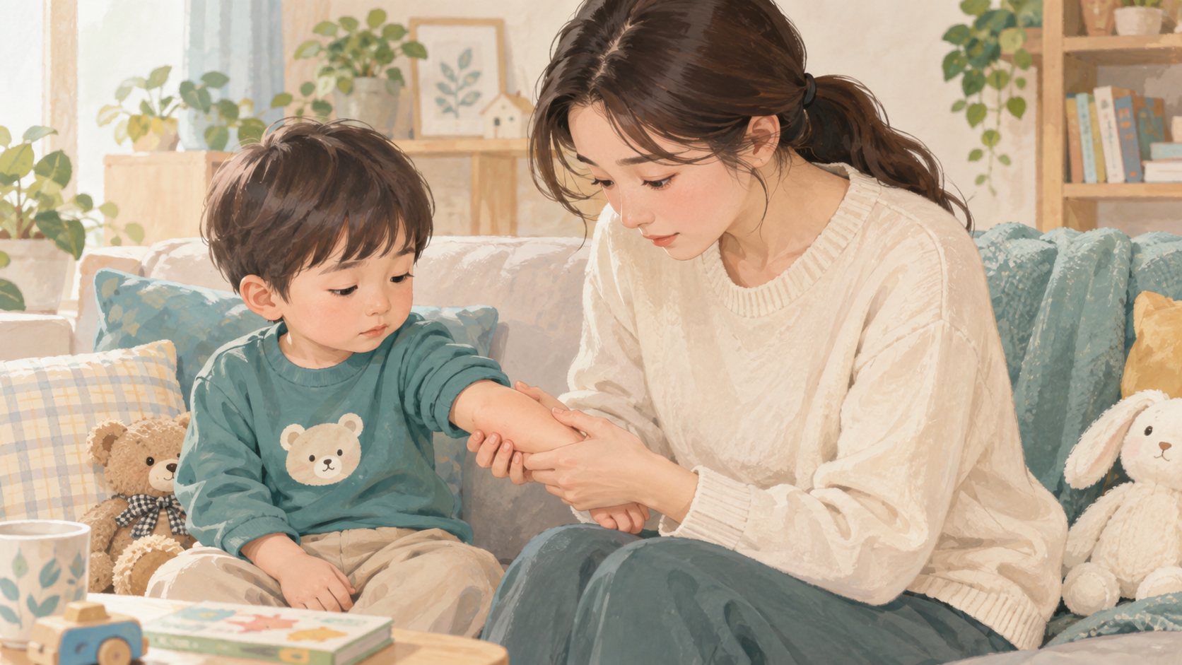 보호자가 아토피 아이 수족구 의심 증상을 살펴보는 일러스트