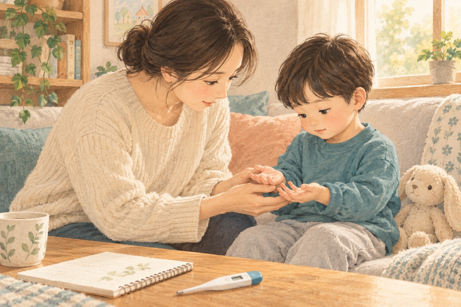 아이의 발진 변화와 동반 증상을 기록하는 보호자