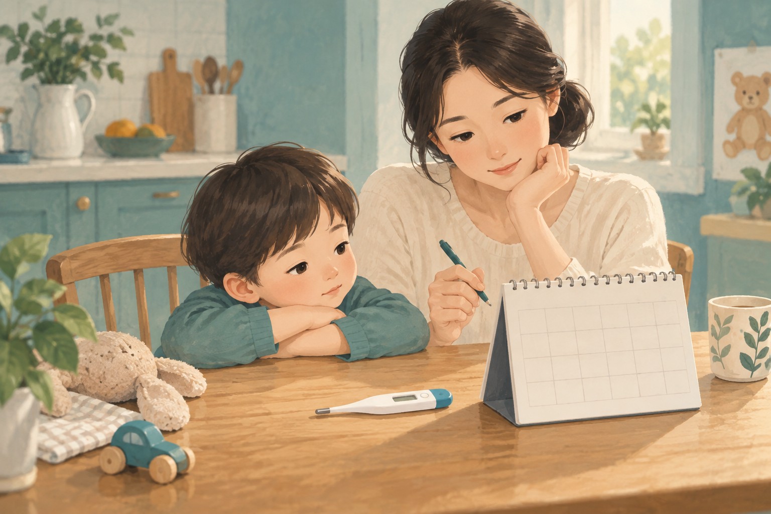 수족구 회복 중 예방접종 예약 달력을 확인하는 보호자와 아이 일러스트