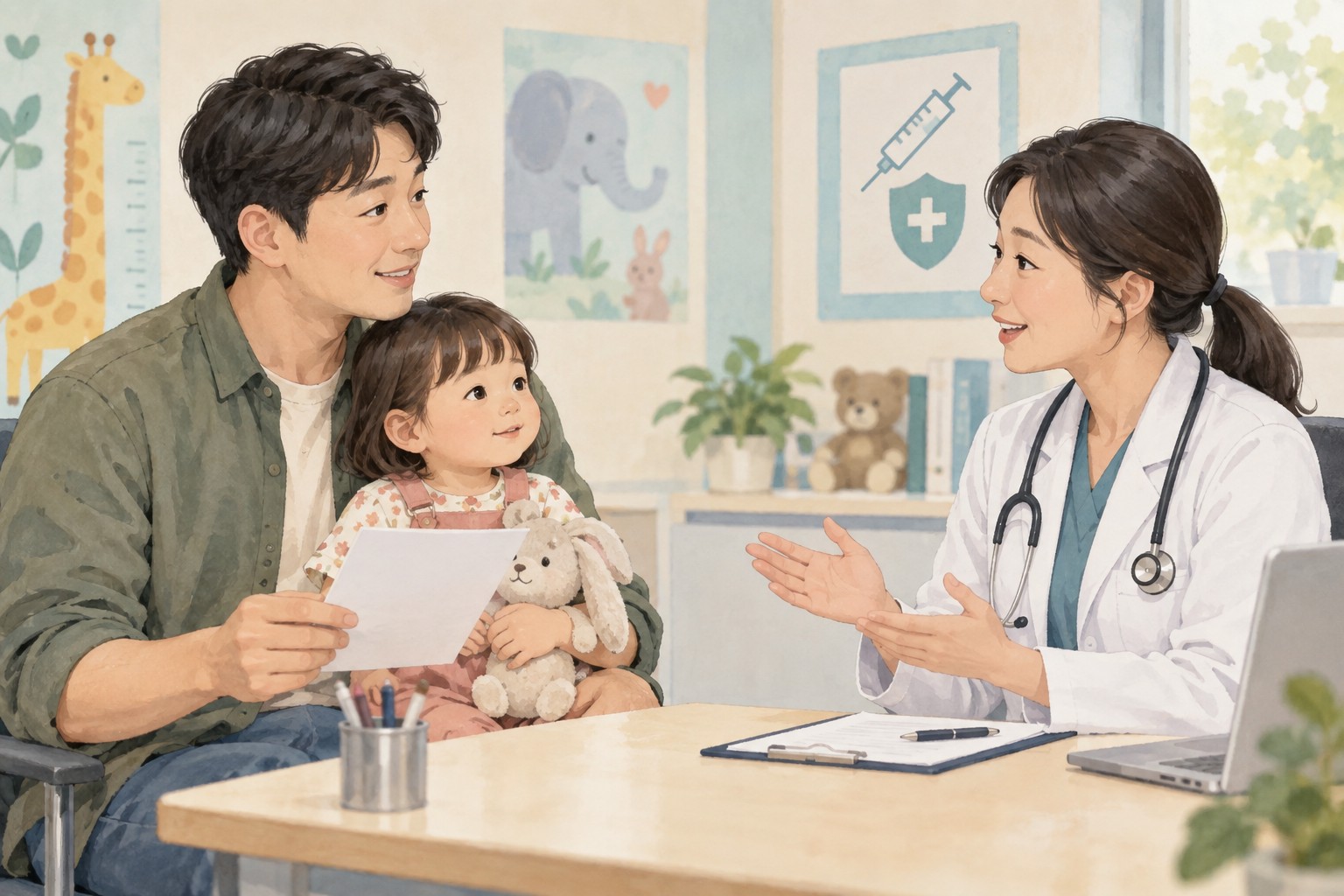 소아 진료실에서 아이의 예방접종 일정을 상담하는 보호자 일러스트